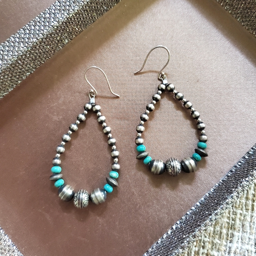 Sterling Silver Native Pearl Turquoise Beaded Earrings